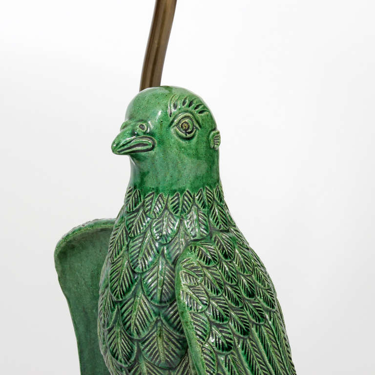 Spanish Pair of Large Custom Green, Majolica Parrot Roof Tile Lamps