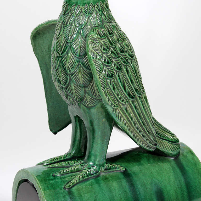 Pair of Large Custom Green, Majolica Parrot Roof Tile Lamps In Excellent Condition In Palm Beach, FL
