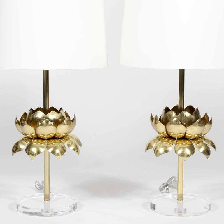 A pair of custom etched brass lotus table lamps, made with vintage Feldman style lotus flowers, on brass rods with lucite bases, and  charming miniature lotus finials.  Zen and decorative, with a hint of reflection. Newly wired.

Shade is 14