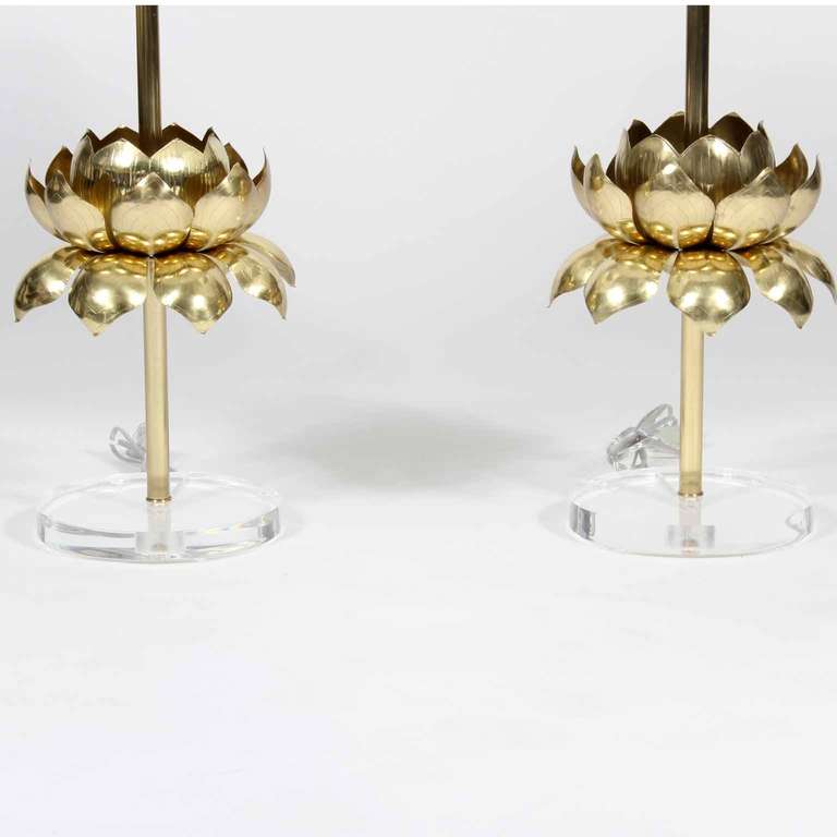 American Pair of Custom Etched Brass Feldman Style Lotus Table Lamps