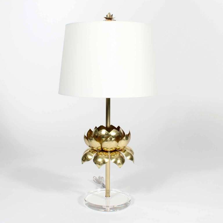 Pair of Custom Etched Brass Feldman Style Lotus Table Lamps In Excellent Condition In Palm Beach, FL