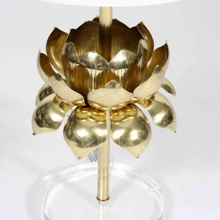 Pair of Custom Etched Brass Feldman Style Lotus Table Lamps 2