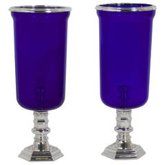 Vintage Pair of Ralph Lauren Blue Glass Hurricane Candle Holders