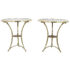 Pair of Maison Jansen Style Round Bronze and Walnut Gueridons