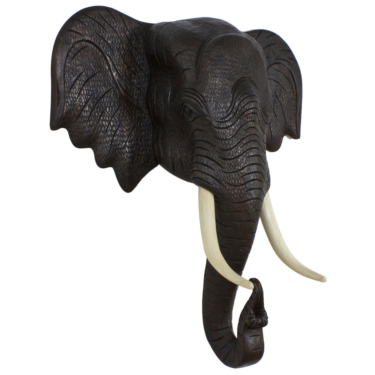 Carved Wood Elephant Head Sculpture