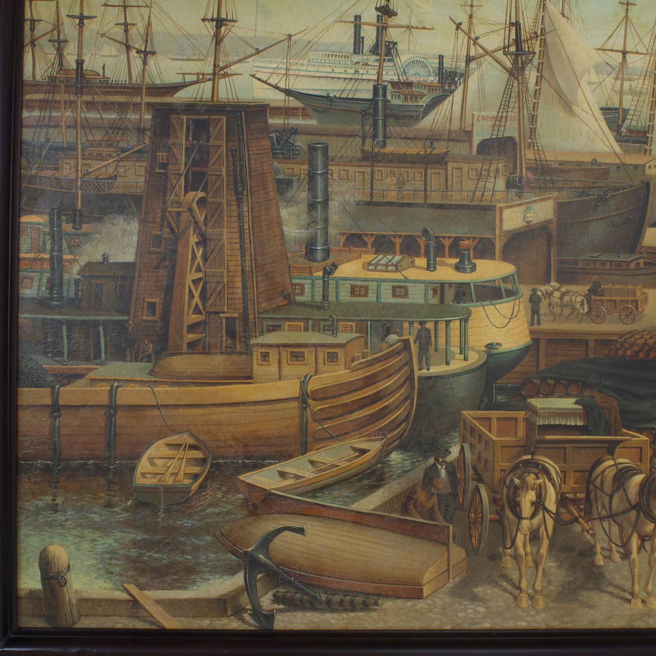 20th Century Large Painting of Harbor Bay Scene