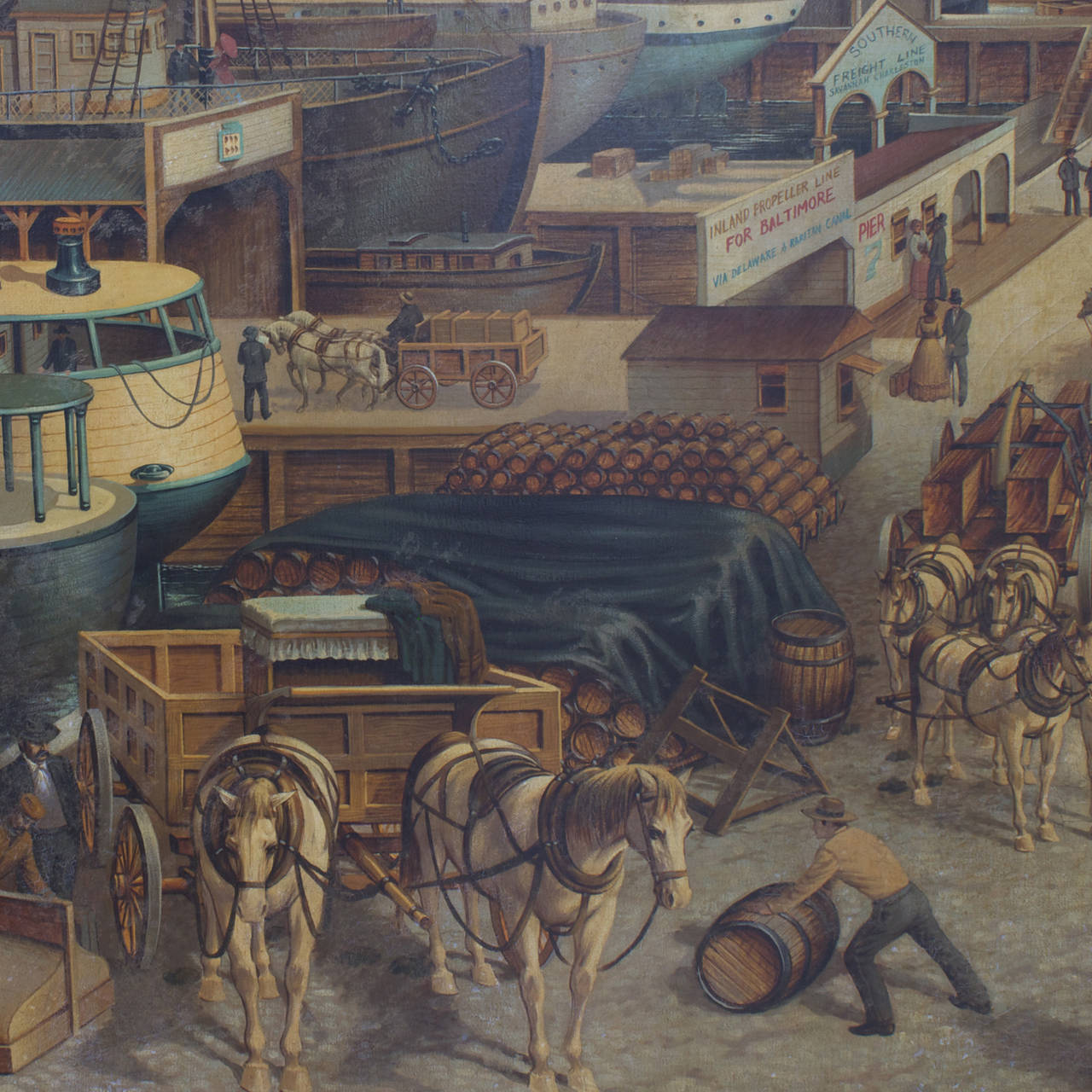 American Large Painting of Harbor Bay Scene