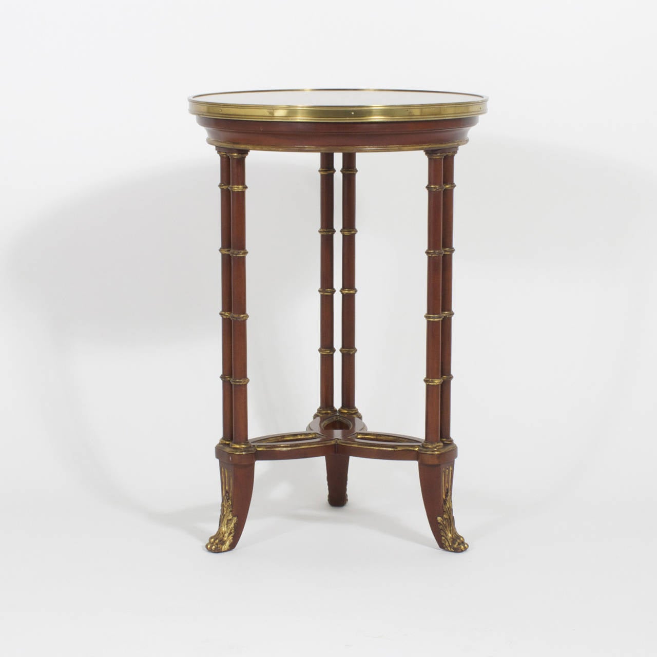 Hollywood Regency Pair of Round Faux Bamboo with Brass Accents Tables