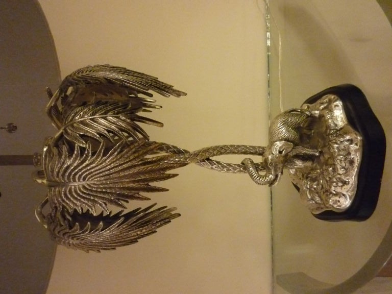 Elephant and camel palm tree, silver metal compotes converted to lamps. Very tropical and exotic. Priced individually.