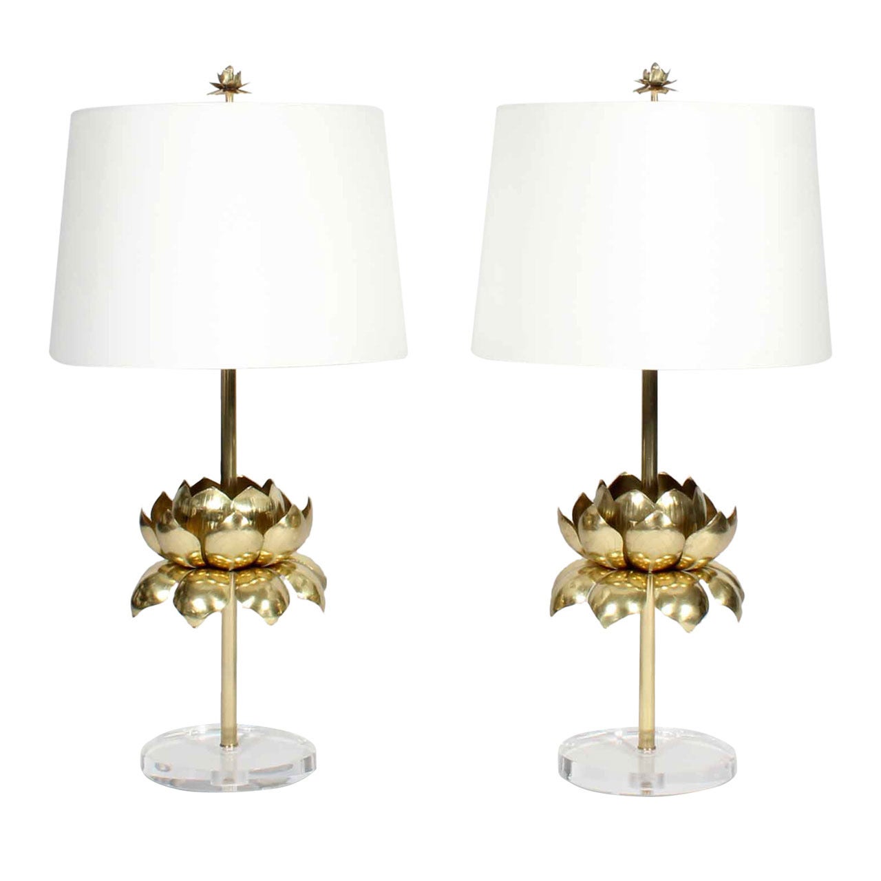 Pair of Custom Etched Brass Feldman Style Lotus Table Lamps