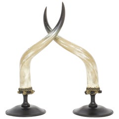 Vintage Mid-Century Pair of Large and Dramatic Polished Horns on Mounts