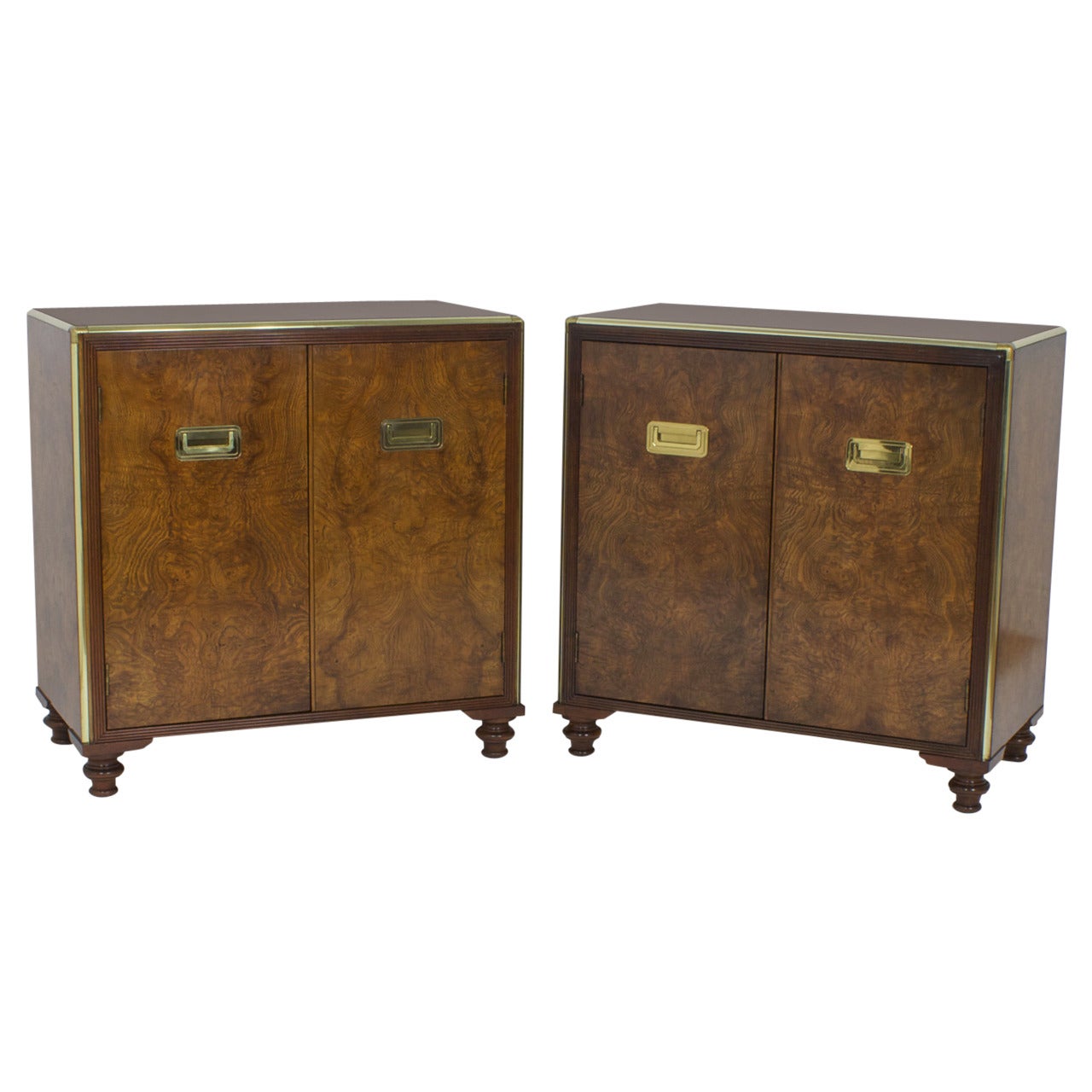 Pair of Campaign Style Burl Wood Cabinets or Nightstands