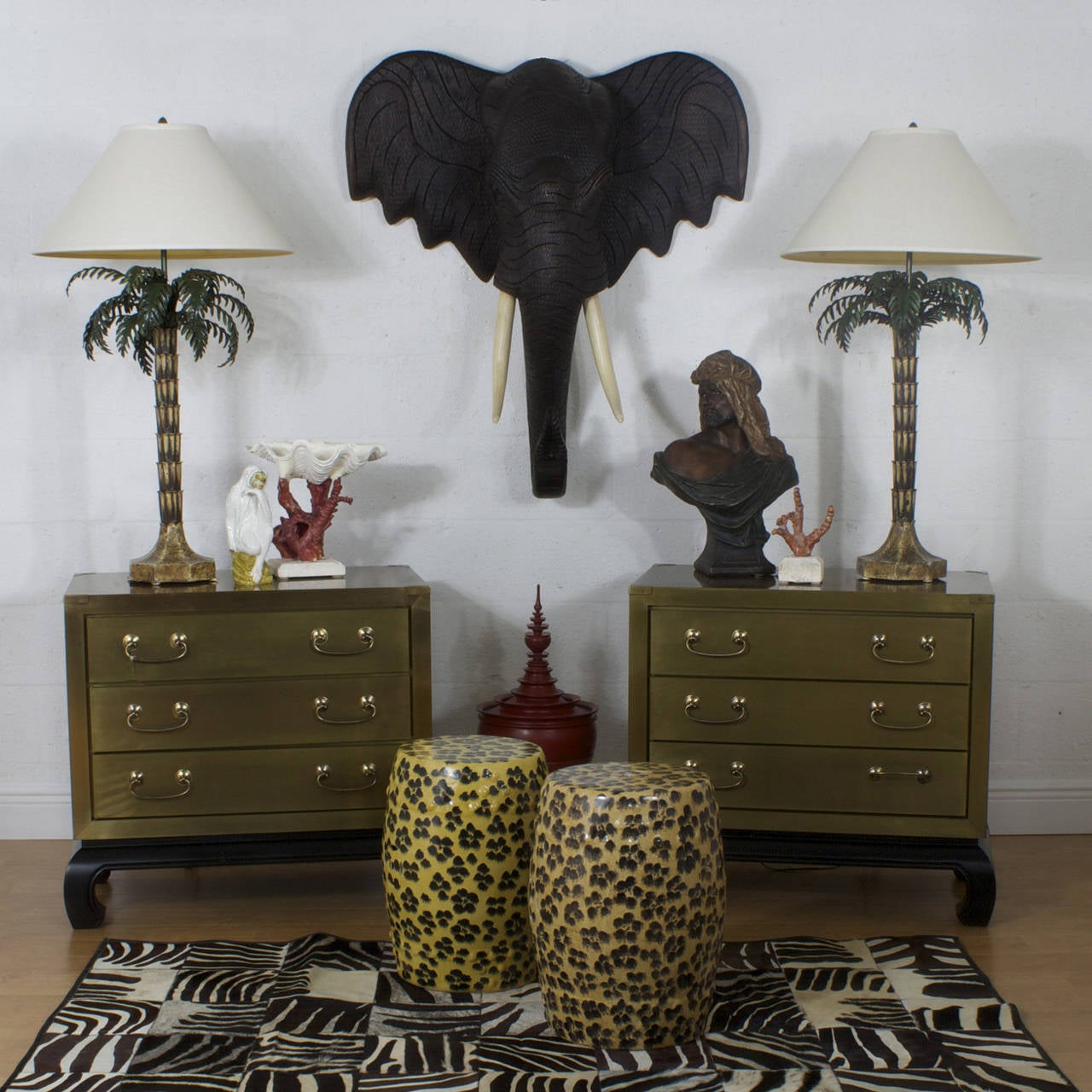 Chinese Chippendale Pair of Brass Mid-Century Modern Nightstands