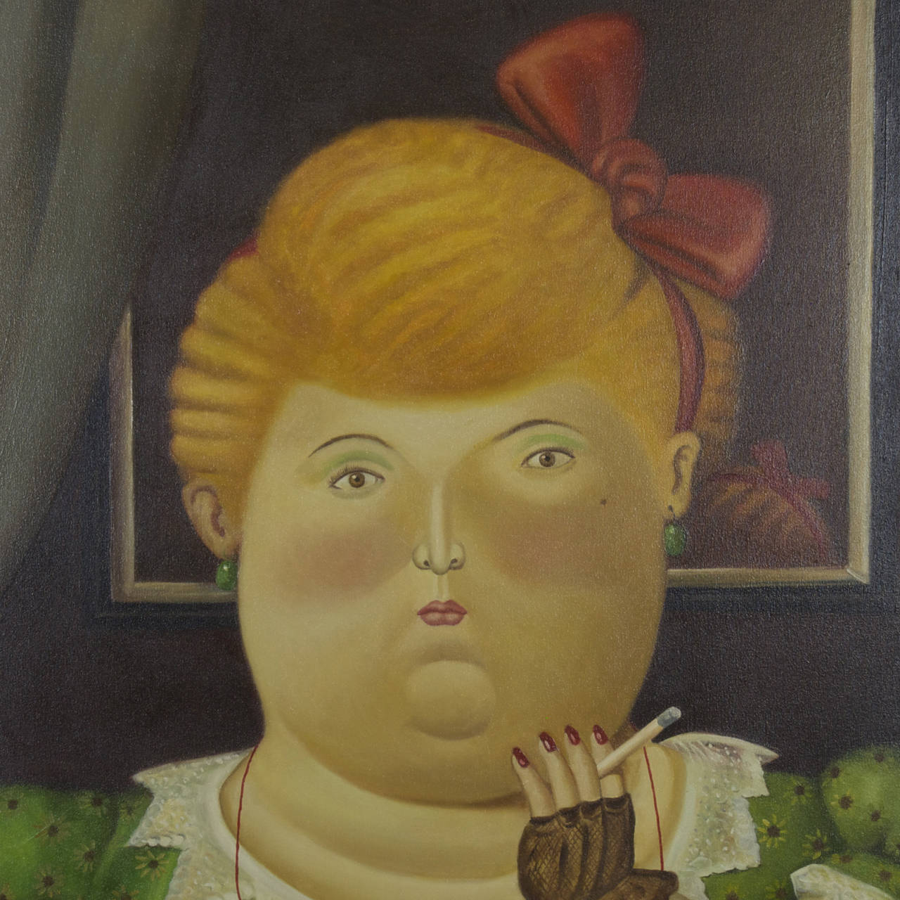 Baroque Large Acrylic Painting of Woman Smoking in the Manner to Botero