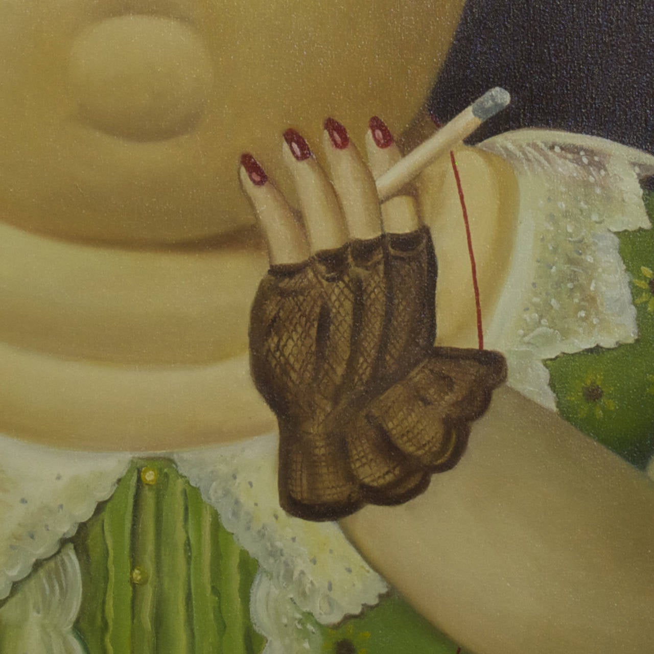 American Large Acrylic Painting of Woman Smoking in the Manner to Botero