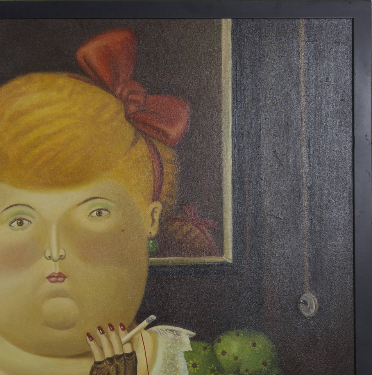 Large Acrylic Painting of Woman Smoking in the Manner to Botero In Excellent Condition In Palm Beach, FL
