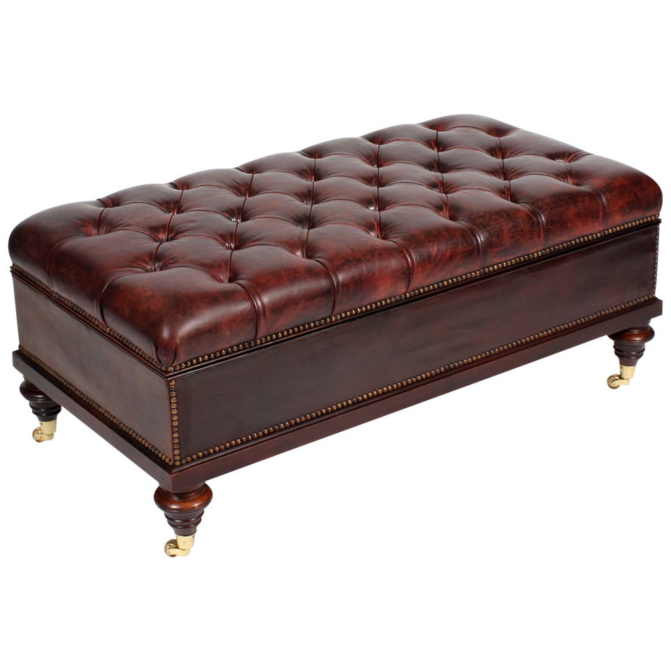 Late 19th C. Tufted and Leather Covered British Colonial Style Storage Ottoman