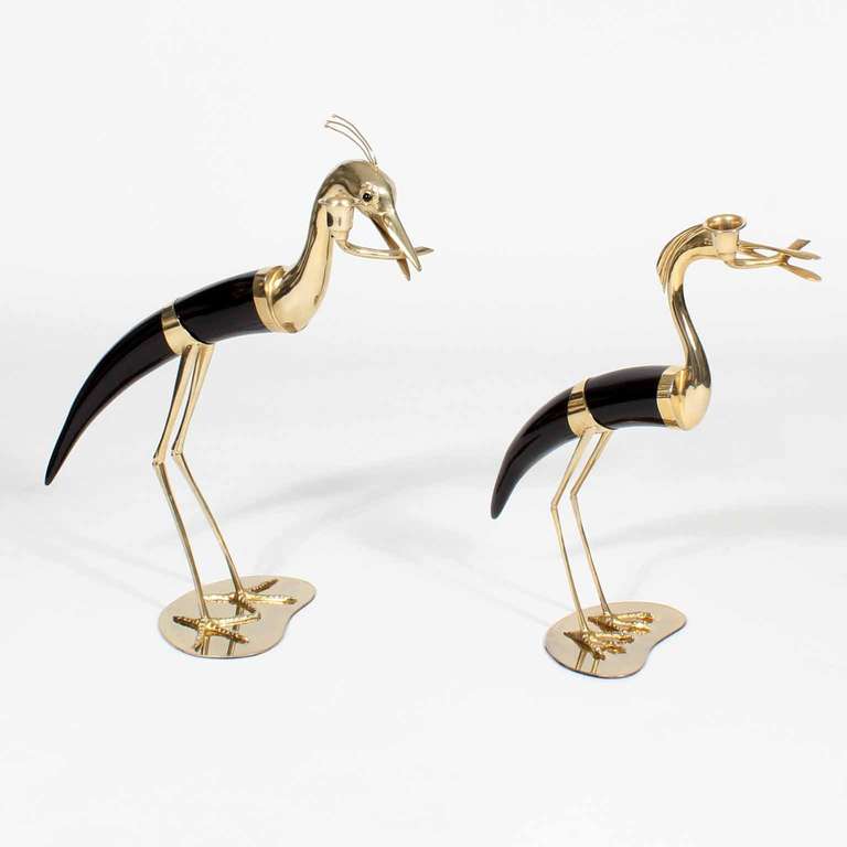 Italian Pair of Faux Horn and Metal Heron Form Candlesticks For Sale
