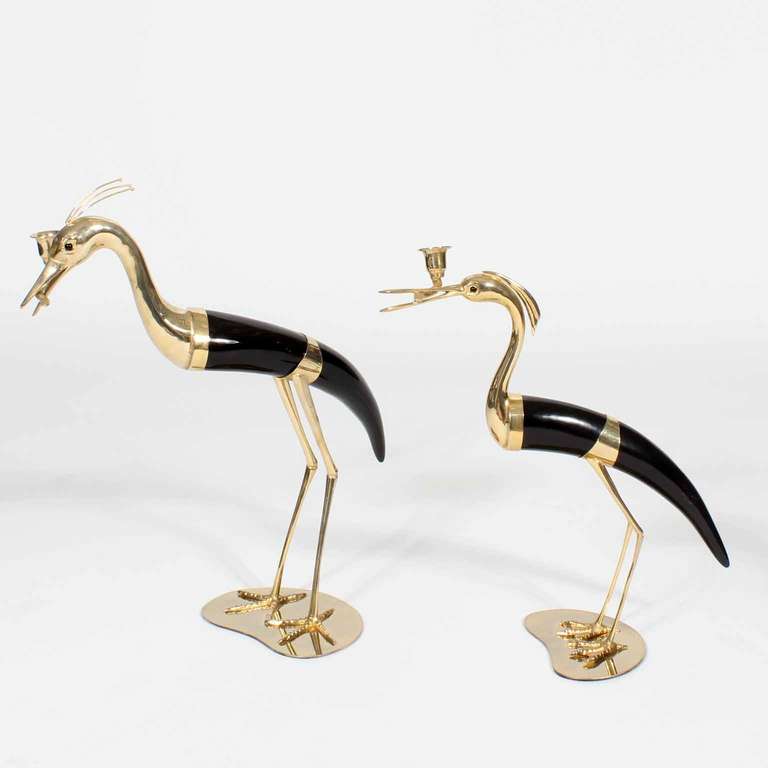 Pair of Faux Horn and Metal Heron Form Candlesticks In Good Condition For Sale In Palm Beach, FL