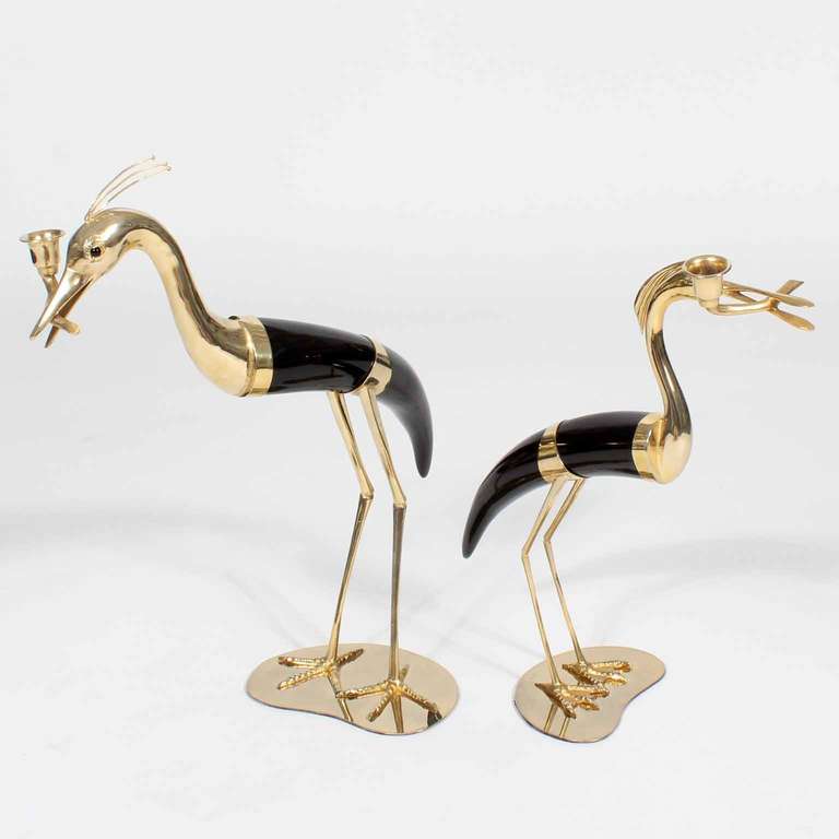 Arts and Crafts Pair of Faux Horn and Metal Heron Form Candlesticks For Sale