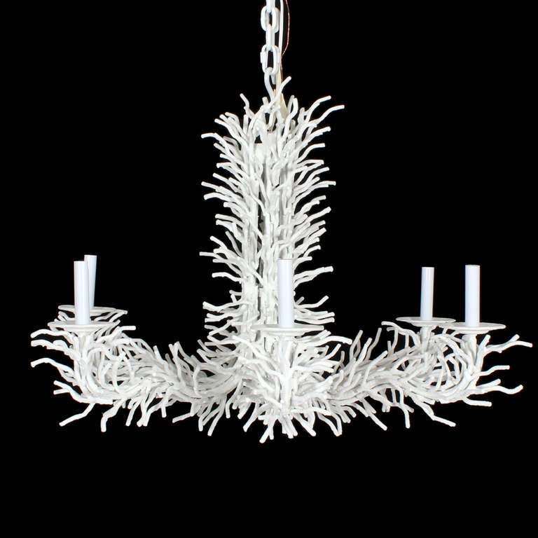 Large White Six Arm, Faux Coral Iron Chandelier In Excellent Condition In Palm Beach, FL