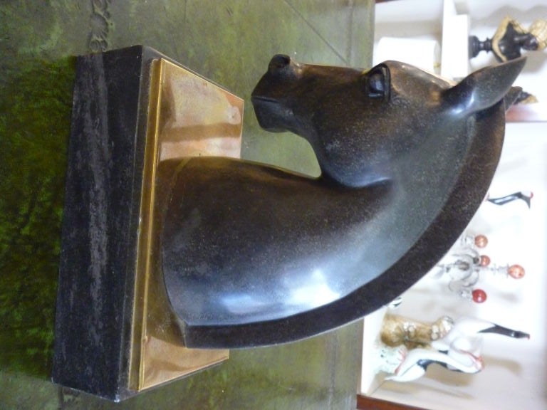 Italian Pair of Art Deco Black Marble and Brass Horse Head Bookends