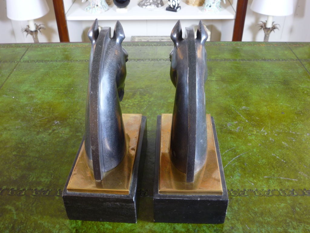 Mid-20th Century Pair of Art Deco Black Marble and Brass Horse Head Bookends