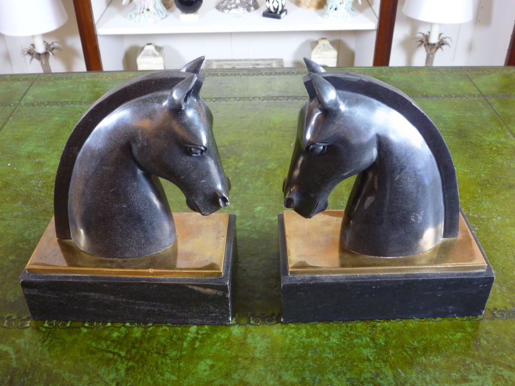 Pair of Art Deco Black Marble and Brass Horse Head Bookends 1