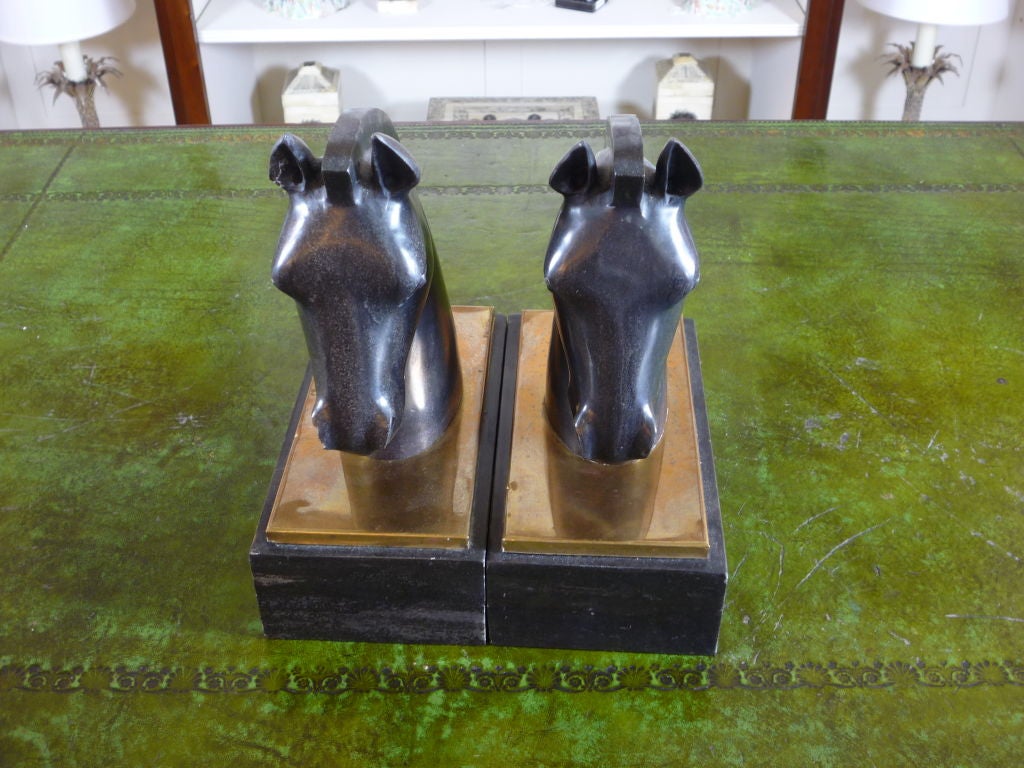 Pair of Art Deco Black Marble and Brass Horse Head Bookends 2