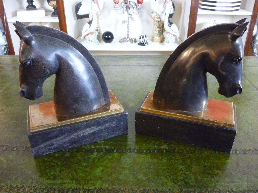 Pair of Art Deco Black Marble and Brass Horse Head Bookends 3