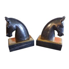 Vintage Pair of Art Deco Black Marble and Brass Horse Head Bookends