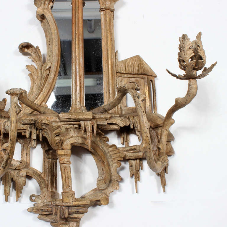 Mid-20th Century Pair of Neoclassical Chinoiserie Style Carved and Painted Mirrored Wall Sconces