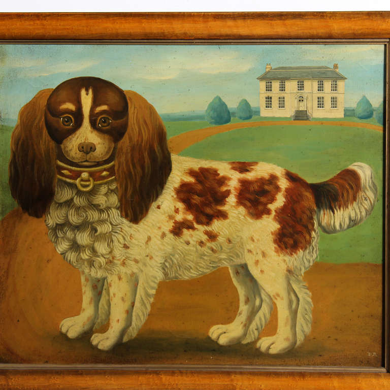 Oil on Canvas of a King Charles Spaniel with Georgian House In Excellent Condition In Palm Beach, FL