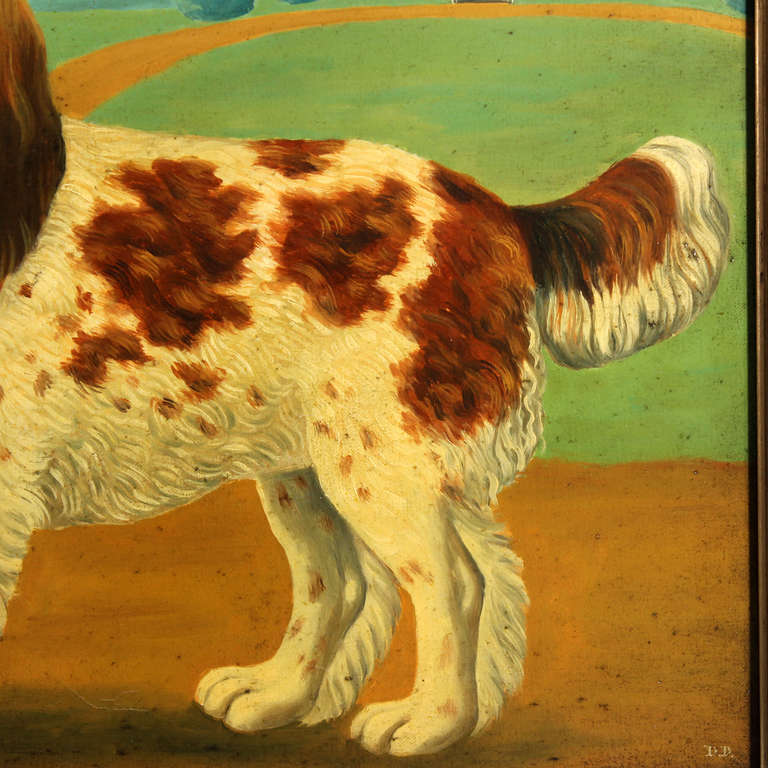 English Oil on Canvas of a King Charles Spaniel with Georgian House