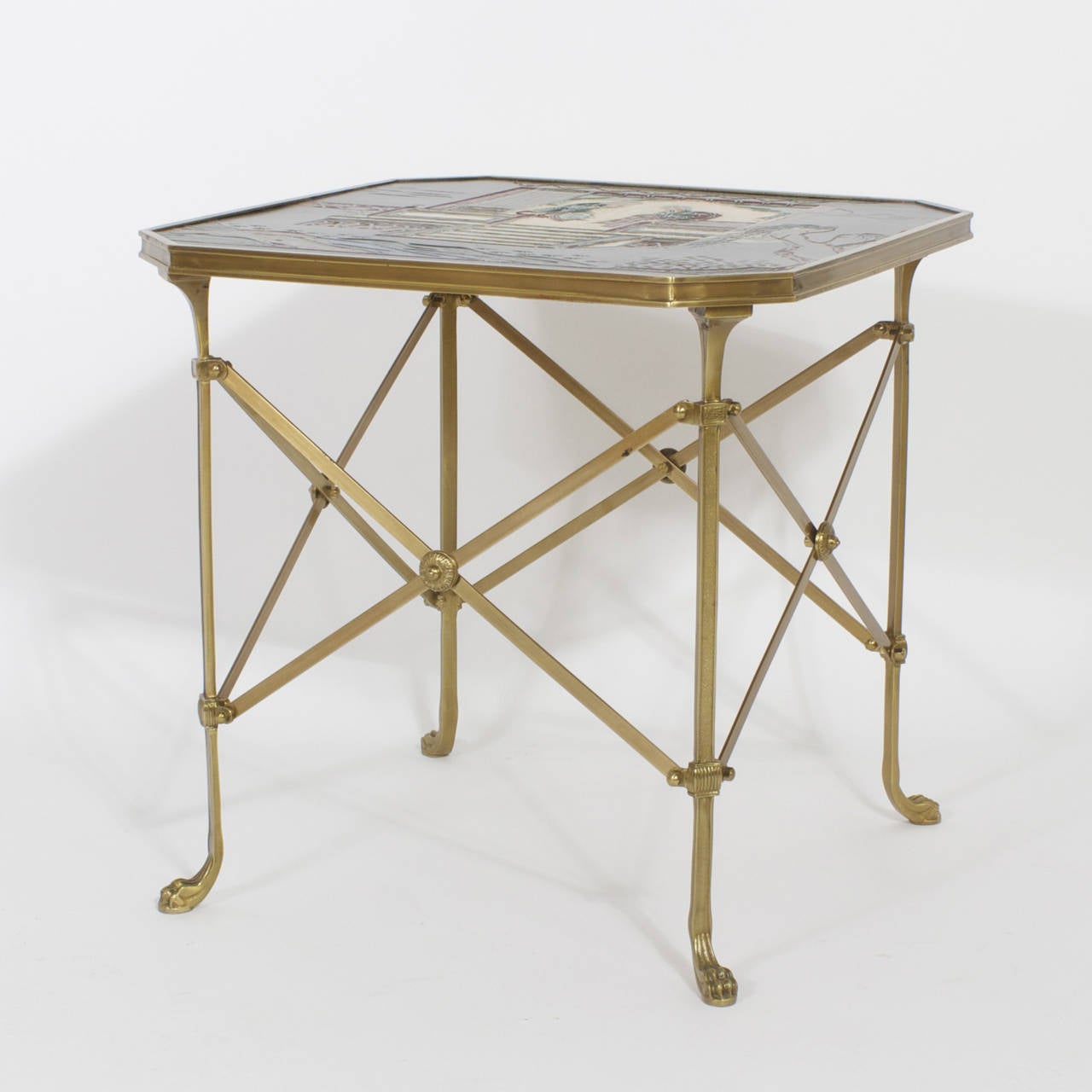 Pair of neoclassic Jansen style square gueridon tables with the proportions of end tables. The tops being lacquered wood and decorated with subdued colors in scenes of the forbidden city with a banded with brass siding. The brass bases have a