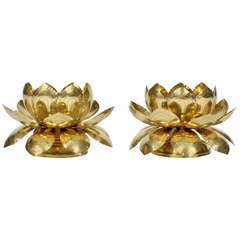 Pair of Etched Brass Lotus Candleholders