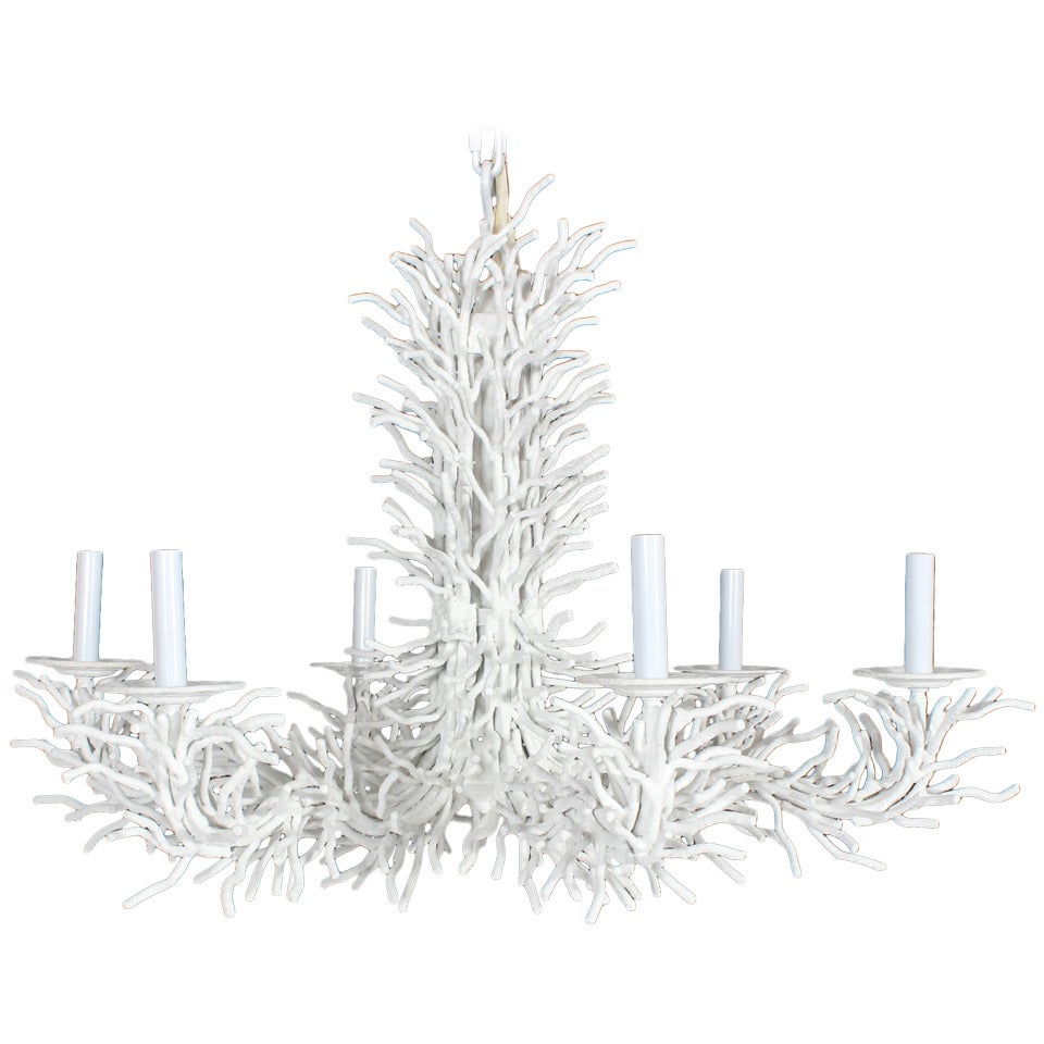 Large White Six Arm, Faux Coral Iron Chandelier