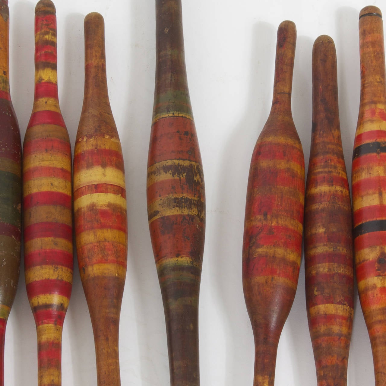 Collection of rolling pins from India in an assortment of sizes and shapes, retaining their original striped paint which has acquired a folky warm patina. Great for kitchen display or go and bake something. 
Sold individually at $95.00 each
      