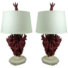 Ancient Chinese Red Bamboo Real and Natural Coral Table Lamps