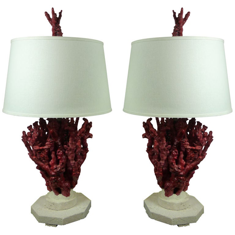 Ancient Chinese Red Bamboo Real and Natural Coral Table Lamps