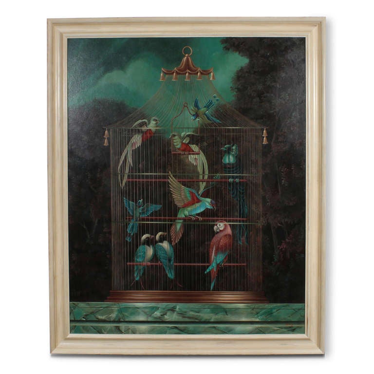 A large painting by William Skilling (our favorite artist) of a gilt cage full of exotic birds. Parrot, love birds and more ,mingle and frolic, in a pagoda top gilt cage, resting on a marble base.
Large, delightful and charming. Newly framed.