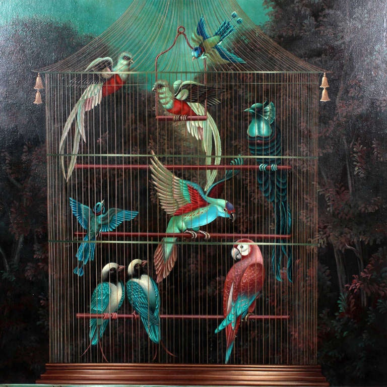 American A Cage of Exotic Birds Painting  by William Skilling