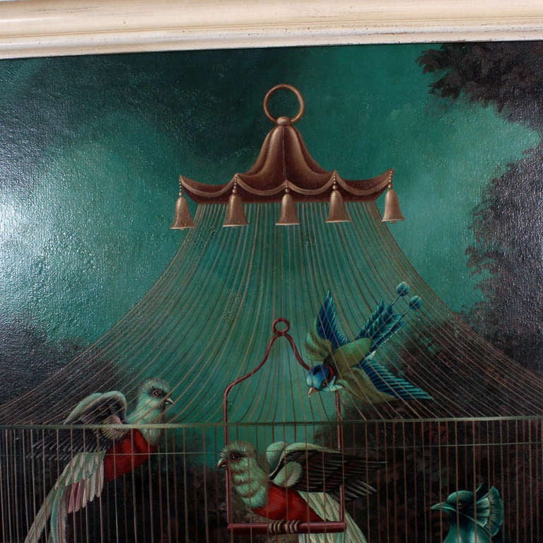 A Cage of Exotic Birds Painting  by William Skilling In Excellent Condition In Palm Beach, FL