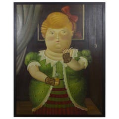 Vintage Large Acrylic Painting of Woman Smoking in the Manner to Botero