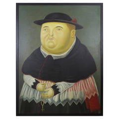 Vintage Large Acrylic Painting of a Priest in the Manner of Botero