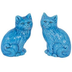 Pair of Turquoise Blue Ceramic Kittens 3