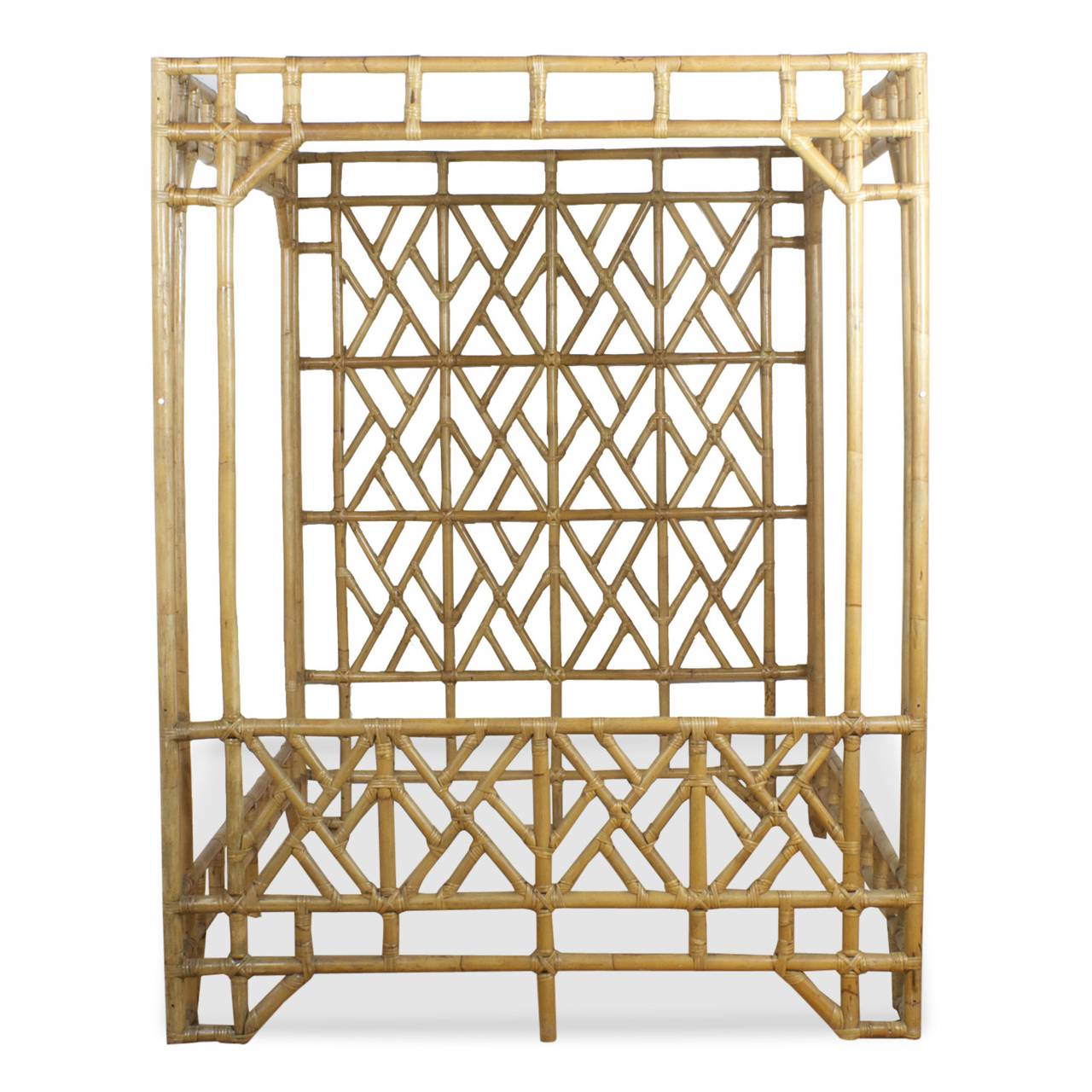 A dramatic queen size bamboo bed frame with a bold look. Made with the highest quality construction. This bed frame is a rare find and a room changer of the highest order. This stunning piece features Classic Chinese Chippendale, panels integrated
