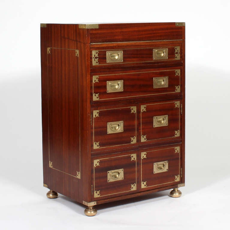 Italian Brass Inlaid Mahogany Campaign Secretary Chest