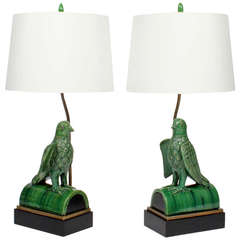 Pair of Large Custom Green, Majolica Parrot Roof Tile Lamps