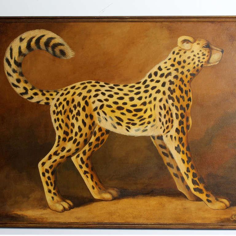 Looming large in the center of this oil on canvas painting,  a dramatic cheetah, with lively spots and a  long raised tail, stands against an abstract foliage background. Signed Skilling on the lower right. Original gilt frame.
A stricking painting